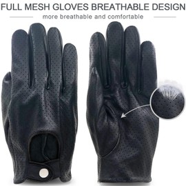ZLUXURQ Mens Full Mesh Leather Driving Gloves Unlined -Soft and Thin Italian Lambskin Black