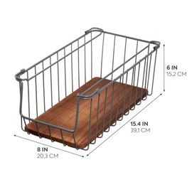 The Ría Safford Collection by iDesign Open Front Wire Basket with Acacia Wood, 16" x 8" x 6", Charcoal