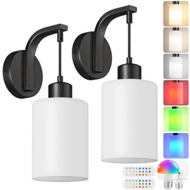 GOEBLESON Battery Operated Wall Sconces Set of 2, Wireless Wall Sconce, Rechargeable Wall Lights with Remote RGB Bulbs, Wall Decor for Bedroom, Living Room, Hallway, Glass Shade, Black, B03YBP205