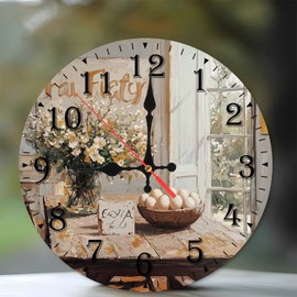 Lancholy 10-Inch Silent Wooden Wall Clock, Sunlit Kitchen Clock Flowers Eggs ” Silent Non-Ticking Clock, Battery Operated (AA Batteries Not Included), Artistic Home Decor