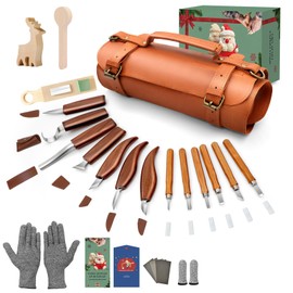 COZYGIFT Wood Carving Kit for Adults & Beginners - 31-Piece Set with 7 Whittling Knives & 6 Detail Gouges, 2 Pre-Carved Basswood Blocks, Leather Roll & Splinter-Free Handles for Woodworking & DIY Gift