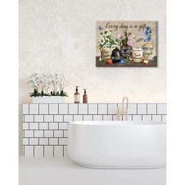 Farmhouse Flower Decor Wall Art Rustic Floral Inspirational Quotes Every Day Is A Gift Pictures Wall Decor Canvas Painting Prints Artwork Home Decorations Framed for Bathroom Bedroom Kitchen 16"x12"