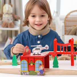 EVERGD Wooden Train track toy Expansion accessories Wooden Scene accessories Classic Hobby Toy Wooden Toys for All Major Brand Toy Trains (Red Airport)