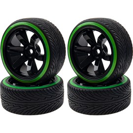 HIRCQOO 1/10 RC Drift Car Tires 12mm Hex Hub Wheel Rims & Hard Plastic Tyre 6 Spoke Compatible with Traxxas HSP Tamiya Kyosho HPI Redcat 1/10 On-Road RC Drift Drifting Car (Green)