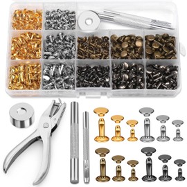 Reovin Set of 240 Leather Rivets Set, Double Cap Rivets, 12 mm, 8 mm, 6 mm, 3 Sizes, Metal Rivets for Leather with Hole Pliers, 4 Colours, Hollow Rivets for Leather Crafts, DIY, Decoration