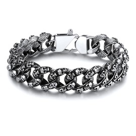 Bandmax Men's Skull Bracelet Stainless Steel Cuban Bracelet Length 21 cm Skull Curb Link Bracelet Friendship Bracelet Fashion Jewellery for Birthday Father's Day, Stainless Steel