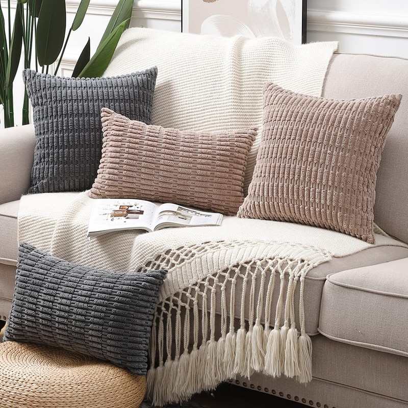 Madizz Set of 2 Boho Striped Cushion Covers, Soft Corduroy