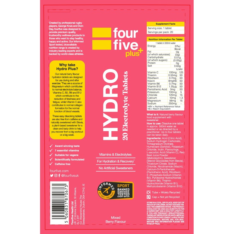 fourfive Hydration Tablets (Berry) Low Calorie Vitamin Electrolytes, Vegan, Magnesium