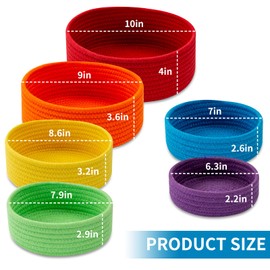 Small Shelf Storage Baskets for Organizing, 6 Pack Round Cotton Rope Bins, Decorative and Cute Woven Baskets for Bedroom and Closet, Key Tray Bowl, Home Decor Countertop Organizer (Rainbow)