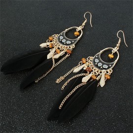 QLUYCKW Faux Feather Earrings Bohemian Handmade Colorful Long Feather Wood Bead Vintage Tassel Drop Dangle Earrings with Dream Catcher Design for Women (Dark)