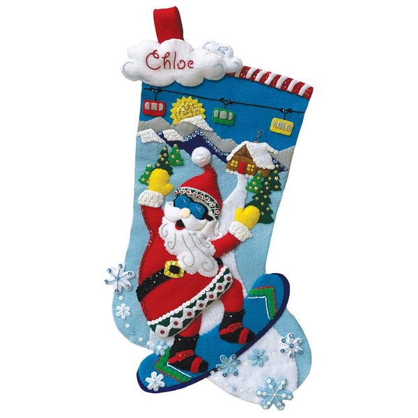 18" Long Stocking Felt Applique Kit: Snowboarding Santa