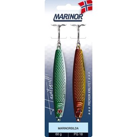 Marinor Marinorsilda Pilker Set, 2 Stück, VMC-Haken, 25/40/60 g, 5 Farbvarianten, Meeresangeln, Blinker, Jig-Köder, Küstenblinker, Meeresköder (SG/GR - Silver/Grün+ Gold, 60g)