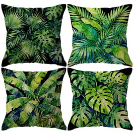 Tropical Leaves Throw Pillow Covers 4Pack Jungle Greenery Monstera Palm Leaf Decorative Pillowcases, Boho Botanical Farmhouse Summer Cushion Covers 18×18 Inch for Porch, Patio Decor(Black/Green)