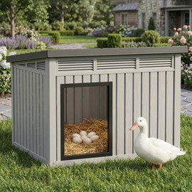 VIXZEN Chicken Coop, Resin PP Material Outdoor Duck House, Wood Grain Finish Sloped Roof Poultry Shelter, Gas Strut Top Opening Ventilated Duck Coop with Spacious Interior & Easy Assembly，Gray