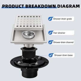 morefine Square Shower Drain with Flange, Shower Drain 6 inch with Removable Grate Cover, SUS 304 Stainless Steel, Brushed Nickel