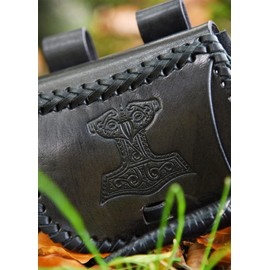 Battle-Merchant Small Medieval Belt Bag with Thor's Hammer Embossed Leather Bum Bag for Men and Women in Black Viking Reenactment Leather Case for Belt