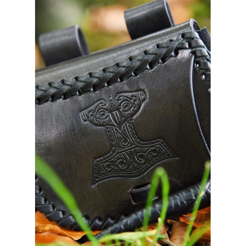 Battle-Merchant Small Medieval Belt Bag with Thor's Hammer Embossed Leather