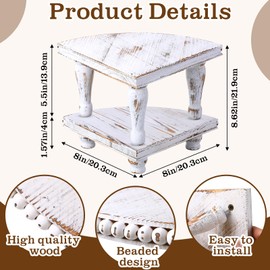 Kigley 2 Tiered Corner Riser for Kitchen Counter Wood Beaded Corner Shelf White Wash Countertop Bathroom Counter Organizer Rustic Decorative Pedestal Stand with Removable Feet for Kitchen Coffee Bar