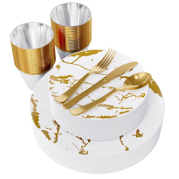 JOLLY PARTY 180PCS Disposable Dinnerware Set 30 Guest, 60 White and Gold Plastic Plates, 30 Plastic Silverware, 30 Plastic Cups, Marble Design Dinnerware for Wedding and Parties