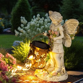 HUYIENO Solar Garden Outdoor Angel Statues with Watering Can String Lights Outdoor Garden Decor 36 Warm White LEDs for Patio, Balcony, Yard, Lawn Ornament, Gift Idea for Housewarming (Angel Flower)