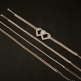 Dochais Pack of 4 Sparkling Diamond Anklets for Women, Rhinestone Waterproof Boho Sparkling, Women's Shiny Anklets, Adjustable Summer Charm Foot Jewellery Bangle 21 + 8 cm, Metal