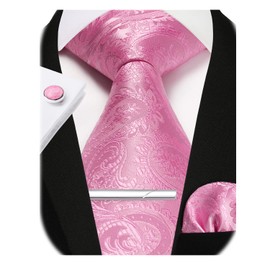 Enlision Men's Tie and Handkerchief Men's Tie Clip with Cufflinks Ties Pocket Square Set, pink