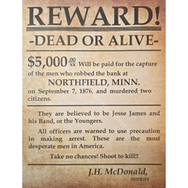 Wanted Poster: Jesse James Northfield Minnesota Raid (Modern Printing)
