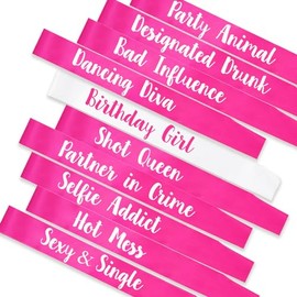 PANBINN 10Pcs Birthday Sashes for Girls, 1Pcs Birthday Girl Sash & 9Pcs Hot Pink Birthday Squad Sashes for Girl Birthday Gifts Favors Party Supplies