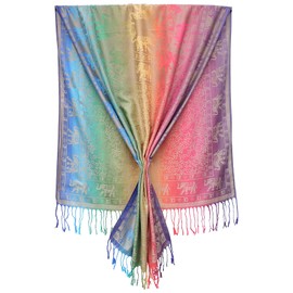 Bijoux de Ja Woven Rainbow color Elephant in Circle Pride Soft Fringe Pashmina Shawl Scarf Wrap (Rainbow 3)