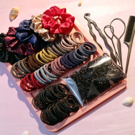1209PCS Ligas para Cabello,Ligas Elásticas para Niñas y Mujeres, Set con 600 Gomas Negras, 5 Scrunchies, 150 Ligas de Tela Suave, 4 Herramientas de Peinado,Regalos para Cumpleaños(Morandi)