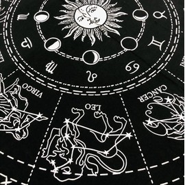 THE ART BOX Altar Cloth Tarot Cards Table Napkins Witchcraft Supplies Black Gold Tablecloth Square Spiritual Celestial Deck Cloth With Fringes Zodiac Circle Horoscope Signs 18x18 In