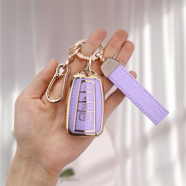 Seedwee for Toyota 4 Buttons Key Fob Cover, Soft TPU Keys Protector Bling Key Fob Keychain for 2018-2024 Highlander RAV4 Camry Avalon C-HR Corolla GT86 Smart Key Gold Purple