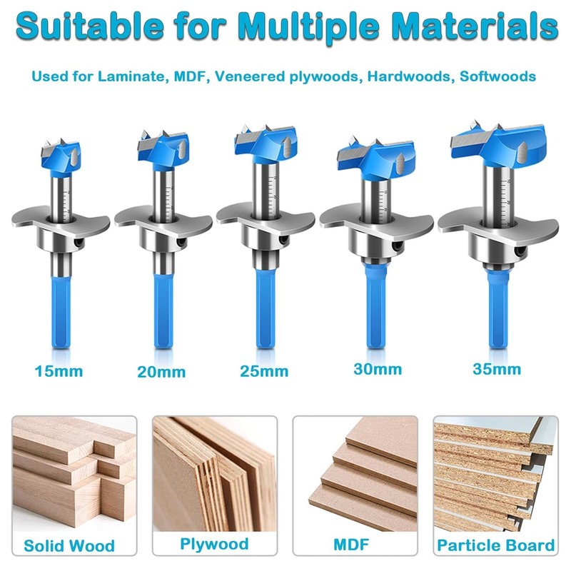 Yuentoen 5 Piece Forstner Drill Bit Set, Adjustable Positioning Drill,