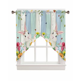 BEMIGO Happy Easter Swag Valances Kitchen Decor Curtain Bunny Spring Floral Rod Pocket Thermal Insulated&Washable Window Curtains for Kitchen Bedroom Valances for Windows 2 Panel, 36x36inch