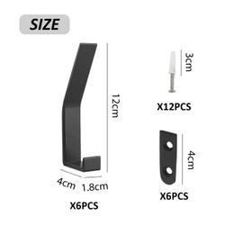 MAXQUU 6 Pieces Black Towel Hooks, Wall Hooks, Drilled Coat Hooks, Screw Invisible Wall Hooks for Offices, Kitchens and Hallways (4 * 1.8 * 12cm)