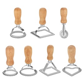 Foyucool 7 Pcs Ravioli Stamp Maker Cutter, Ravioli Cutters and Pasta Cutter, Press Stamps with Different Shapes, with Wooden Handle and Fluted Edge, for Ravioli, Pasta, Dumplings Lasagna, Pierogi