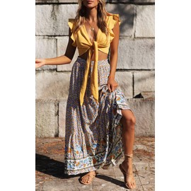 ZESICA Women's 2025 Summer Bohemian Floral Printed Elastic Waist A Line Maxi Skirt with Pockets,Cream,Medium