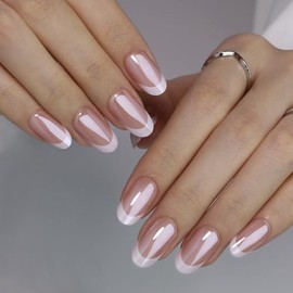 Noerrors French False Nails, Short Almond Aurora Press on Nails, 30Pcs White White Tip Glossy Glitter Removable Full Cover Acrylic Cover Stick Glue on Nails for Women Girls Art Manicure