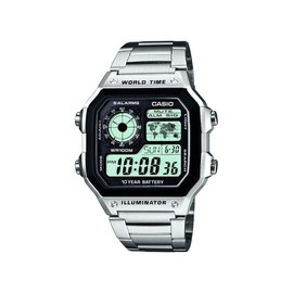 Casio Gents 36.00mm Quartz Watch with White Digital dial and Silver Metal Bracelet Strap AE-1200WHD-1AVEF