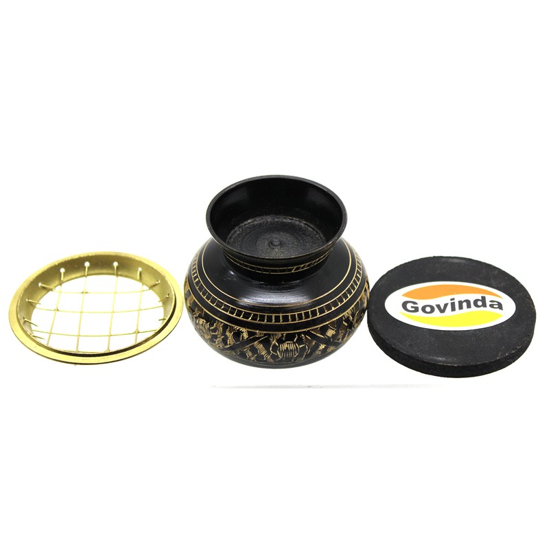 Govinda - Small Decorated Brass Charcoal Screen Incense Burner with