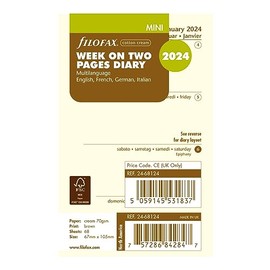 Filofax Calendar Diary Refill, Mini Size, Week-to-View, Cotton Cream Paper, Unruled, Multilingual: Four Languages, 2024 (C68124-24)