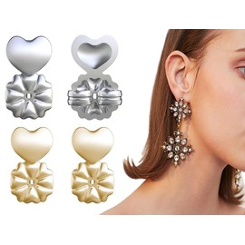 2 Pairs Adjustable Magic Earring Lifters Hypoallergenic Earring Backs Love Heart Stud Back for Droopy Ears(Gold+Silver)