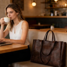 Eslcorri Large Tote Bag for Women - Soft PU Leather Oversize Shoulder Purse for Legal Size Files, Stylish Roomy Top-Handle Everyday Work Handbag for Teacher & Casual Travel Weekender -Coffee