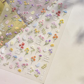 1 Sheets 5D Embossed Flowers Nail Art Stickers Self Adhesive Colorful Flower Nail Stickers for Nail Art Cute Small Floral Butterfly Nail Decals Spring Summer Daisy Nail Design for Women