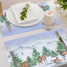 Arquiel Winter Pine Tree Deer Double Layer Placemats Set of 6, 33 cm x 48 cm Washable Heat Resistant Cloth Placemats, Non Slip Indoor Outdoor Table Place Mats for Dining Kitchen Party Decoration