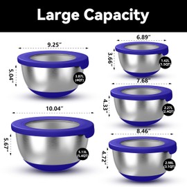 KITEISCAT Stainless Steel Mixing Bowls with Airtight Lids Set of 5, Nesting Mixing Bowls for Kitchen, Blue, Dishwasher Safe, Non-Slip, Multi-Purpose for Cooking, Baking, Prepping & Food Storage