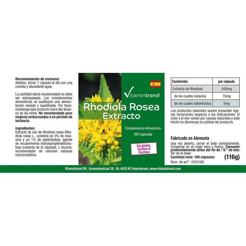 Rhodiola Rosea Extract 500 mg - 180 Capsules - Vegan