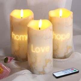 Eywamage Fiber Optic Flameless Pillar Candles with Remote, Marble Letters Battery Operated Flickering LED Candles Φ 3" H 6"