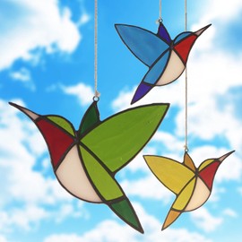 Stained Glass Hummingbird Window Hanging Handcrafted Tiffany Style Sun Catcher Little Bird for Garden, 3 Colors in one Box (Tricolor Suit)