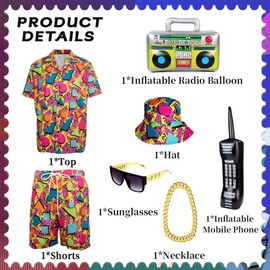 YQVGFBY 80s 90s Fancy Dress for Men 80s 90s Shell Suit Costume Men Hip-hop T-shirts and Shorts Set, Sportswear, Disco,Carnival Costumes (Red, 3XL)